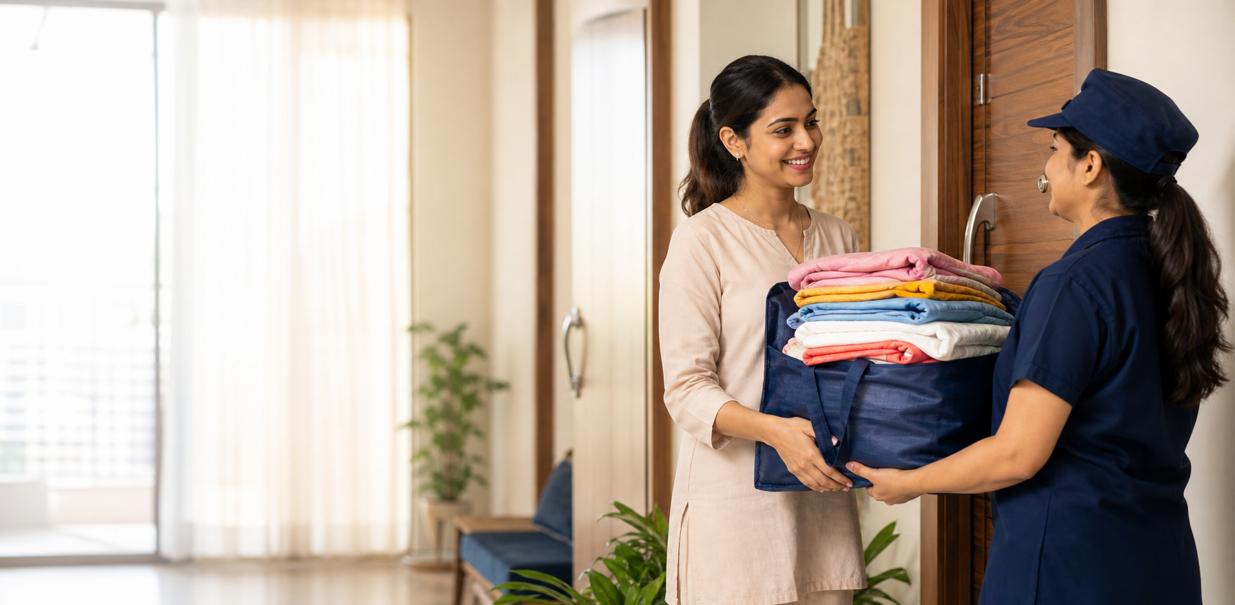 Indian customer receiving a fresh laundry delivery at home
